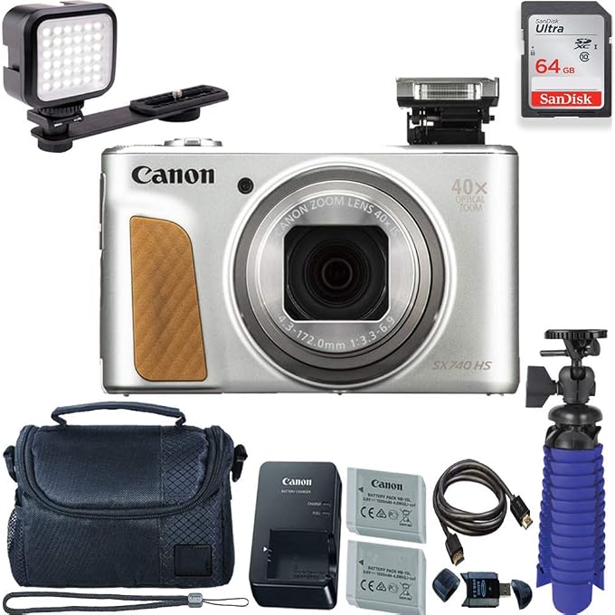 Canon PowerShot SX740 HS Digital Camera (Silver) with 64 GB Card + LED Compact On-Camera Light + Premium Camera Case + 2 Batteries + Tripod (Renewed) - Image 1