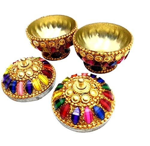 SM Creations Decorative Jewelry Box 6 cm x 6 cm x 6 cm Pack of 2 Decorative Vanity Box Sindoor Dabbi Kumkum Dani Handicraft Box Gold - Image 2