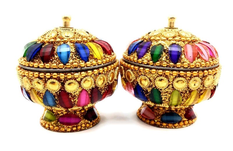 SM Creations Decorative Jewelry Box 6 cm x 6 cm x 6 cm Pack of 2 Decorative Vanity Box Sindoor Dabbi Kumkum Dani Handicraft Box Gold - Image 3