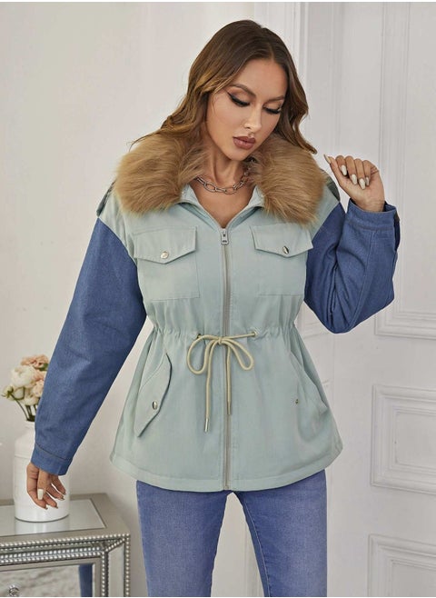 Colorblock Flap Pocket Drop Shoulder Drawstring Waist Borg Collar Parka Coat
