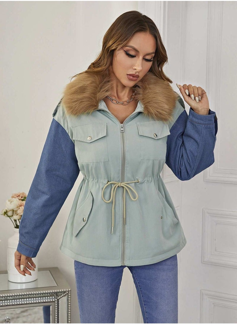 Colorblock Flap Pocket Drop Shoulder Drawstring Waist Borg Collar Parka Coat