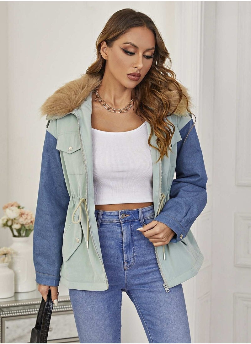 Colorblock Flap Pocket Drop Shoulder Drawstring Waist Borg Collar Parka Coat