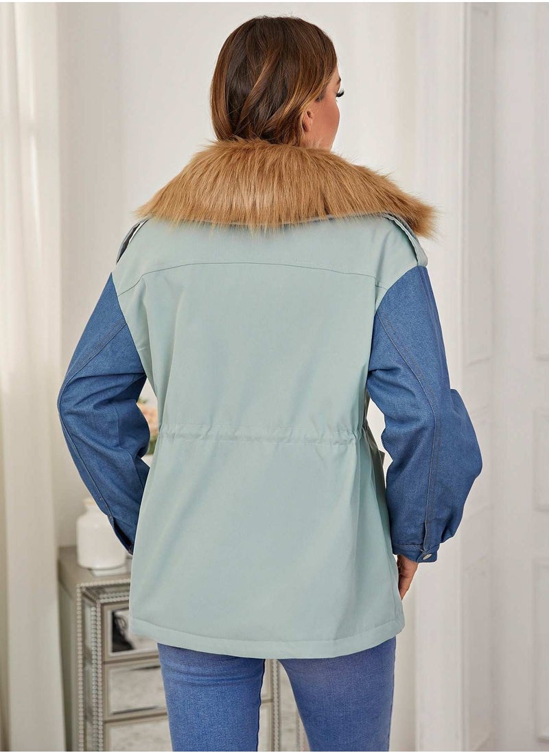 Colorblock Flap Pocket Drop Shoulder Drawstring Waist Borg Collar Parka Coat