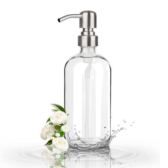 CLEAR GLASS SOAP DISPENSER 500ML WASHING UP LIQUID DISPENSER WITH STAINLESS STEEL PUMP BPA FREE ECO FRIENDLY FOR BATHROOM KITCHEN SINK