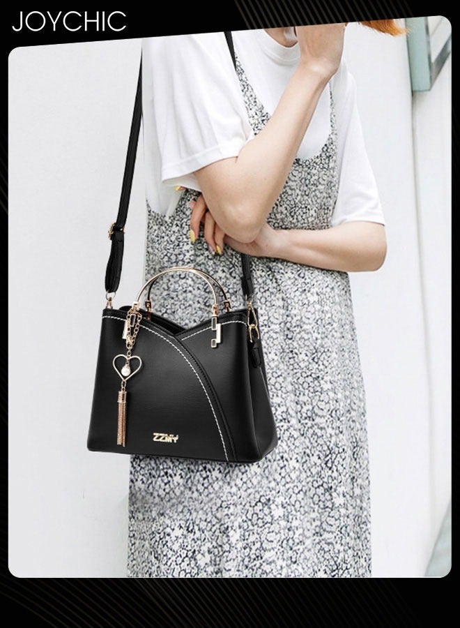 Joychic حقيبة كروس بودي نسائية كبيرة السعة من البولي يوريثان حقيبة كتف متعددة الجيوب مقاومة للماء مع قلادة على شكل حب لحفلات السفر باللون الأسود - Image 2