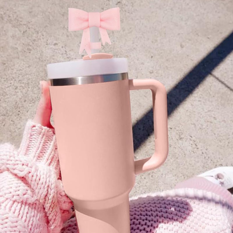 Hpebl 4Pcs Silicone Straw Toppers Covers for Stanley Cups 40/30oz 10mm(0.4in) Cream Dust-Proof Bow Straw Covers Toppers Flash Pink Suitbale for Stanley Cup Accessories Reusable Straws Caps - Image 5