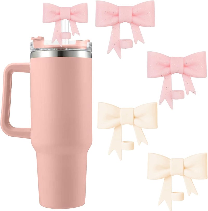Hpebl 4Pcs Silicone Straw Toppers Covers for Stanley Cups 40/30oz 10mm(0.4in) Cream Dust-Proof Bow Straw Covers Toppers Flash Pink Suitbale for Stanley Cup Accessories Reusable Straws Caps - Image 1