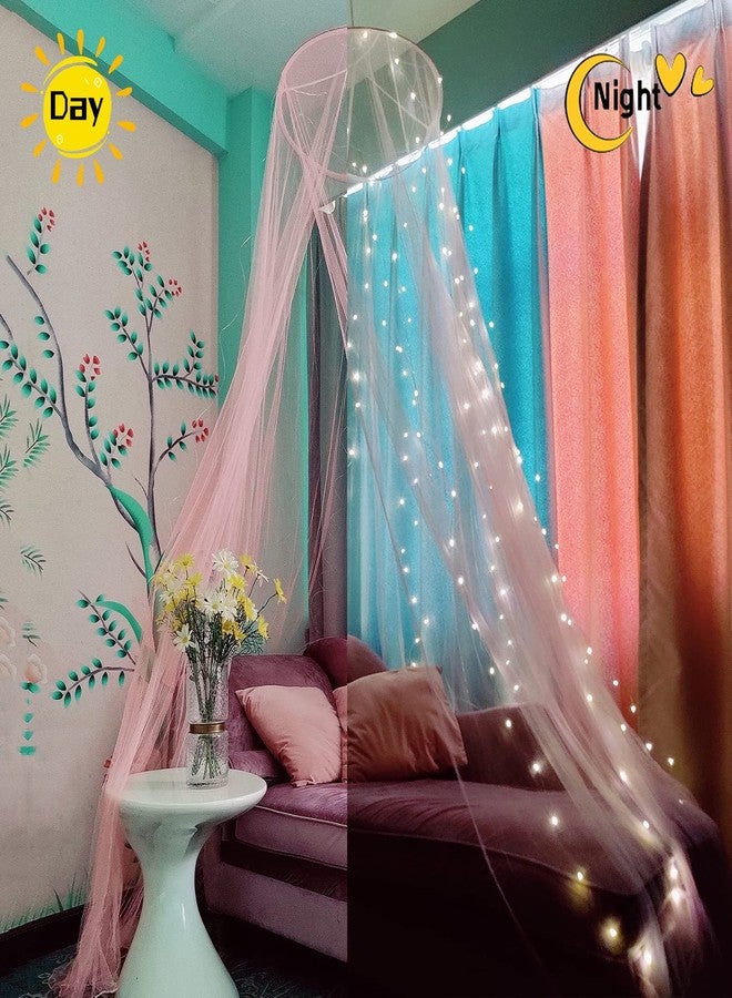 Eimilaly Bed Canopy Mosquito Net with 250pcs Warm White Curtain Lights, for Girls Room Decor or Theme Party, Pink/Warm Lights - Image 2