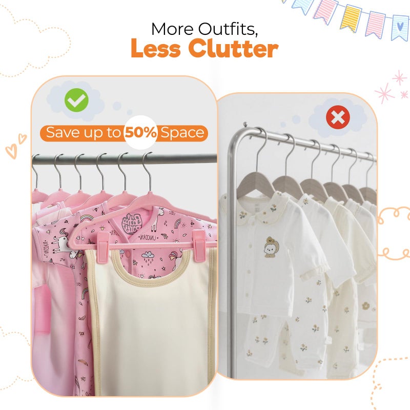 Babyrish Velvet Baby Hangers with 10x Clips and 8X Dividers (30 Pack) | 11â€ Ultra-Slim Baby Clothes Hangers | Non-Slip Felt | Space-Saving Nursery & Infant Closet Organizer | Pink - Image 3