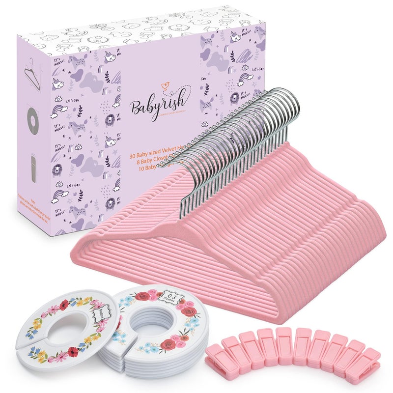 Babyrish Velvet Baby Hangers with 10x Clips and 8X Dividers (30 Pack) | 11â€ Ultra-Slim Baby Clothes Hangers | Non-Slip Felt | Space-Saving Nursery & Infant Closet Organizer | Pink - Image 1