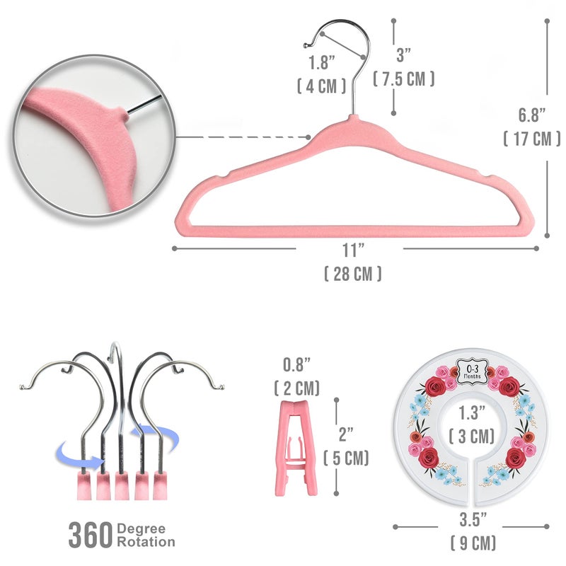 Babyrish Velvet Baby Hangers with 10x Clips and 8X Dividers (30 Pack) | 11â€ Ultra-Slim Baby Clothes Hangers | Non-Slip Felt | Space-Saving Nursery & Infant Closet Organizer | Pink - Image 4