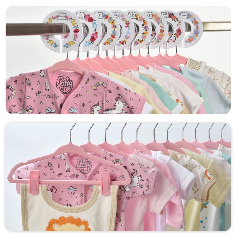 Babyrish Velvet Baby Hangers with 10x Clips and 8X Dividers (30 Pack) | 11â€ Ultra-Slim Baby Clothes Hangers | Non-Slip Felt | Space-Saving Nursery & Infant Closet Organizer | Pink - Image 2