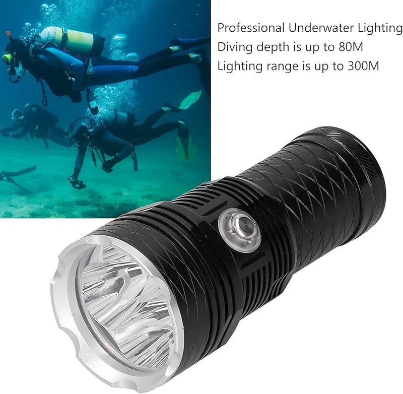 XHP70 2 LED Diving Flashlight IPX8 Waterproof 80M Depth 300M Range Torch Black Silver - Image 5