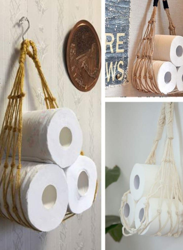 SOLARAE حامل ورق تواليت معلق مثبت على الحائط حقيبة تخزين ورق منسوجة حامل ورق تواليت بوهو لحفظ ورق التواليت كتاب مجلة صحيفة دفتر ورق التواليت حقيبة حبل لتخزين ورق التواليت لغرفة النوم الحمام غرفة المعيشة - Image 4