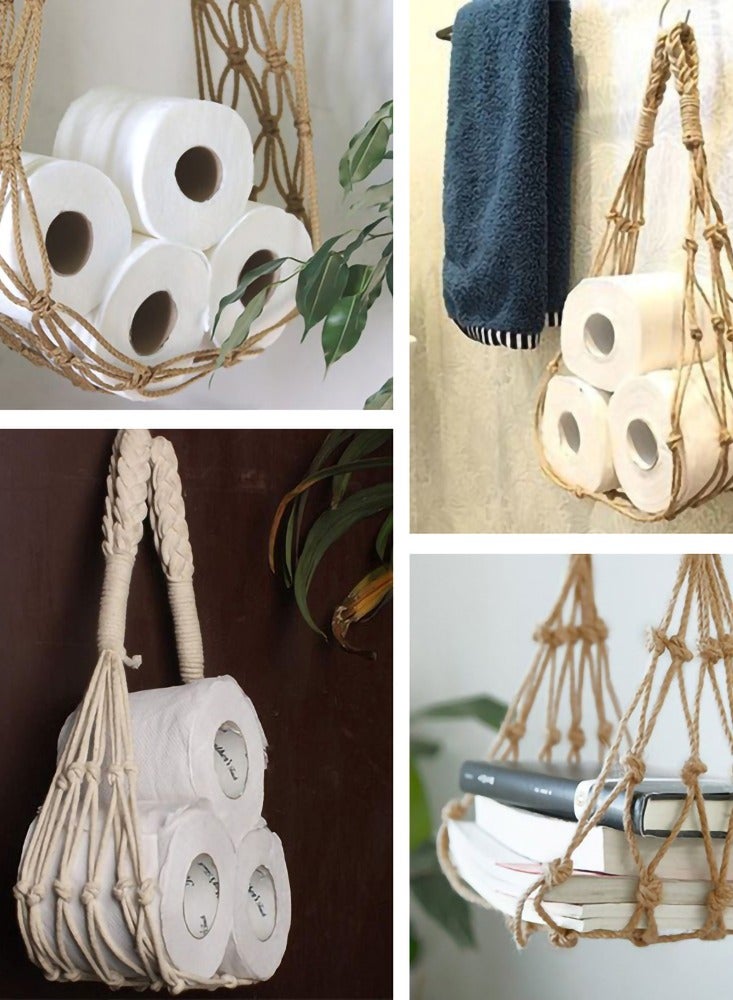 SOLARAE حامل ورق تواليت معلق مثبت على الحائط حقيبة تخزين ورق منسوجة حامل ورق تواليت بوهو لحفظ ورق التواليت كتاب مجلة صحيفة دفتر ورق التواليت حقيبة حبل لتخزين ورق التواليت لغرفة النوم الحمام غرفة المعيشة - Image 3