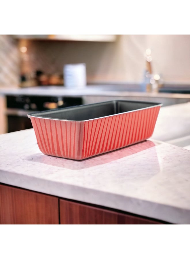 Bister Aluminium Striped Oblong Cake Mold with Non-Stick Teflon Coating – Dark Red, 30 x 12 x 5 cm - Image 1