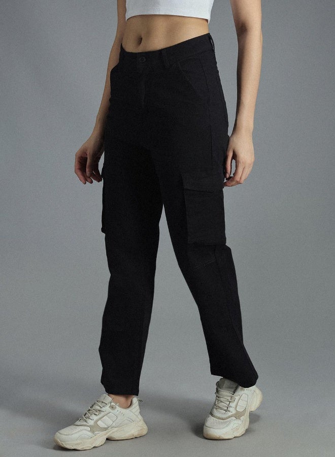 HIGH STAR Women's Black Cotton Blend Solid Pattern Full Length Cargo Relaxed Trouser  - Image 2