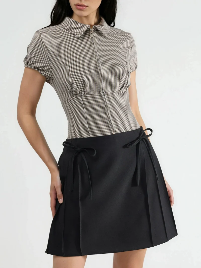 Qustyle QU STYLE High Waist Mini A-Line Skort with Tie Detail
