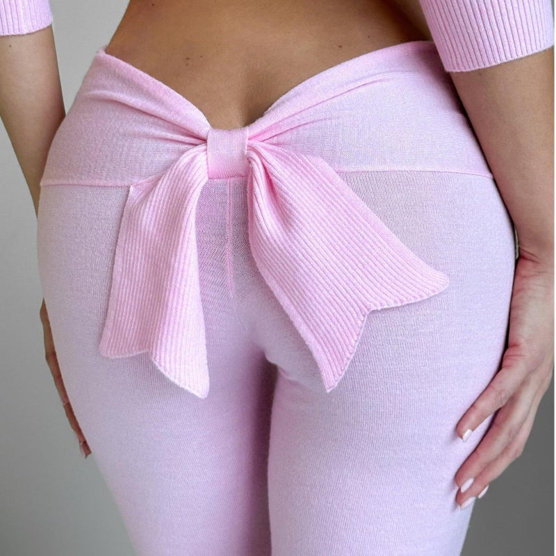 SOOKABEILA Y2k Flare Leggings Women Bow Tie Back Low Rise Yoga Pants Fashion Bell Bottoms Sweatpants Streetwear (Pink, S) - Image 2
