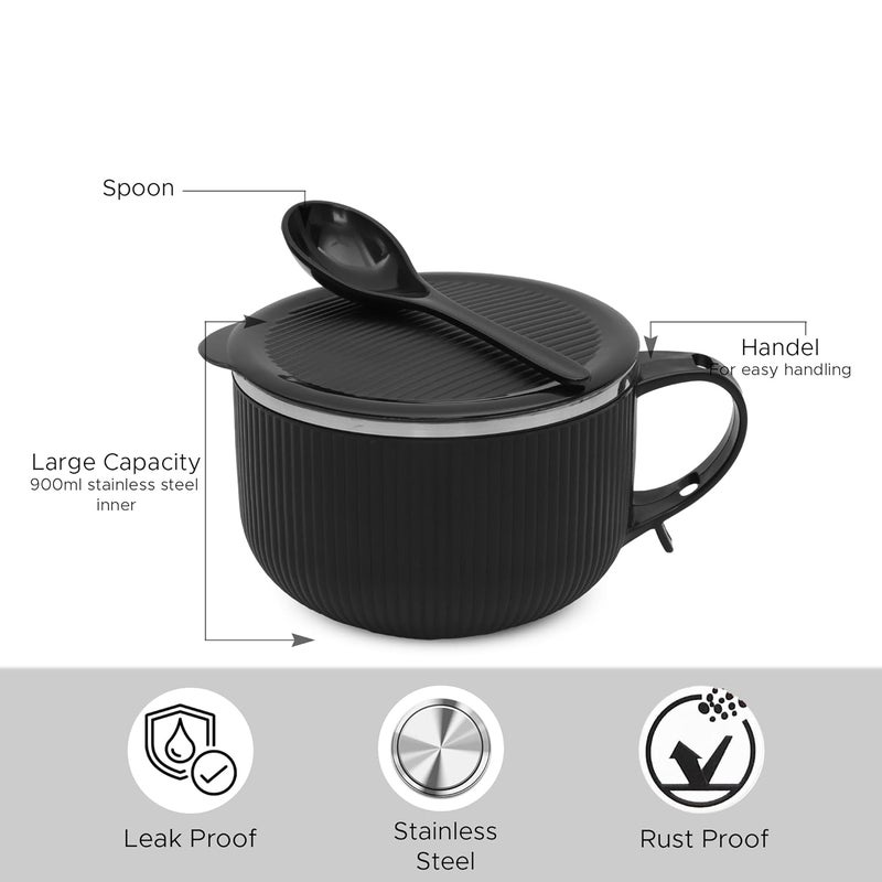 JAYPEE PLUS Stainless Steel Ribtok Meal Bowl Soup Bowl with Lid & Spoon for Every Day Breakfast Meal, Poha, Cornflaks, Cereal, Suitable for Birthday Gift Girls & Boys, 900ml,Black - Image 5