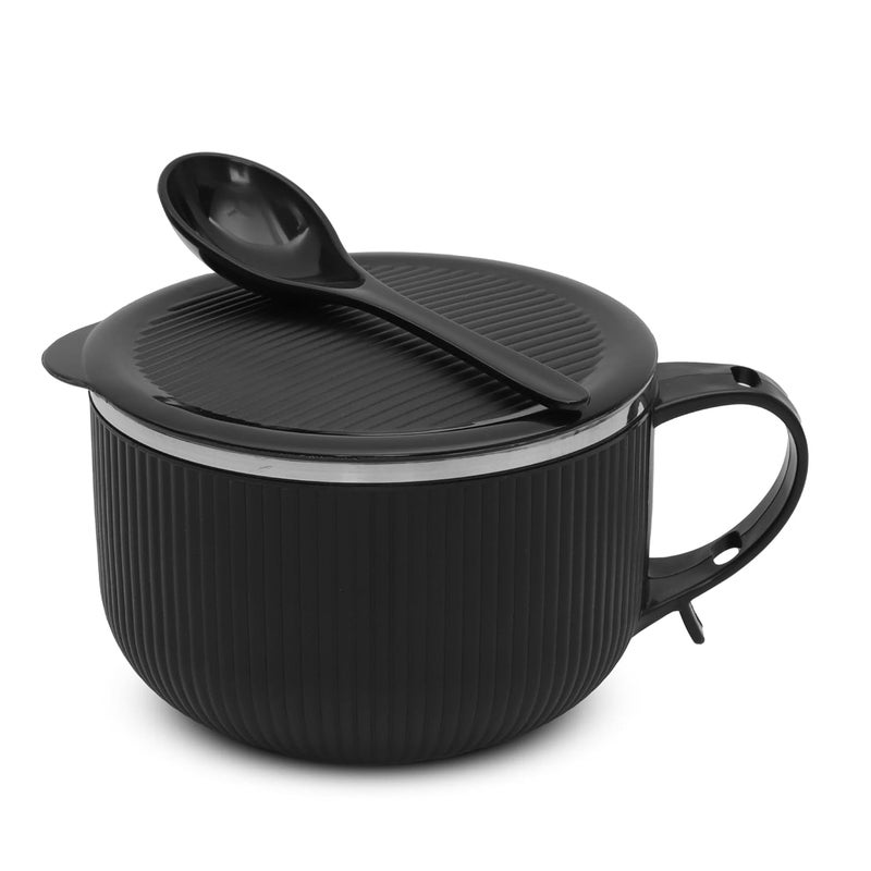 JAYPEE PLUS Stainless Steel Ribtok Meal Bowl Soup Bowl with Lid & Spoon for Every Day Breakfast Meal, Poha, Cornflaks, Cereal, Suitable for Birthday Gift Girls & Boys, 900ml,Black - Image 1