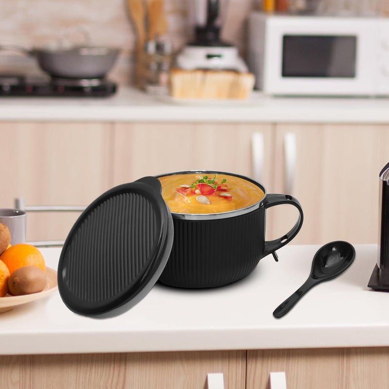 JAYPEE PLUS Stainless Steel Ribtok Meal Bowl Soup Bowl with Lid & Spoon for Every Day Breakfast Meal, Poha, Cornflaks, Cereal, Suitable for Birthday Gift Girls & Boys, 900ml,Black - Image 2