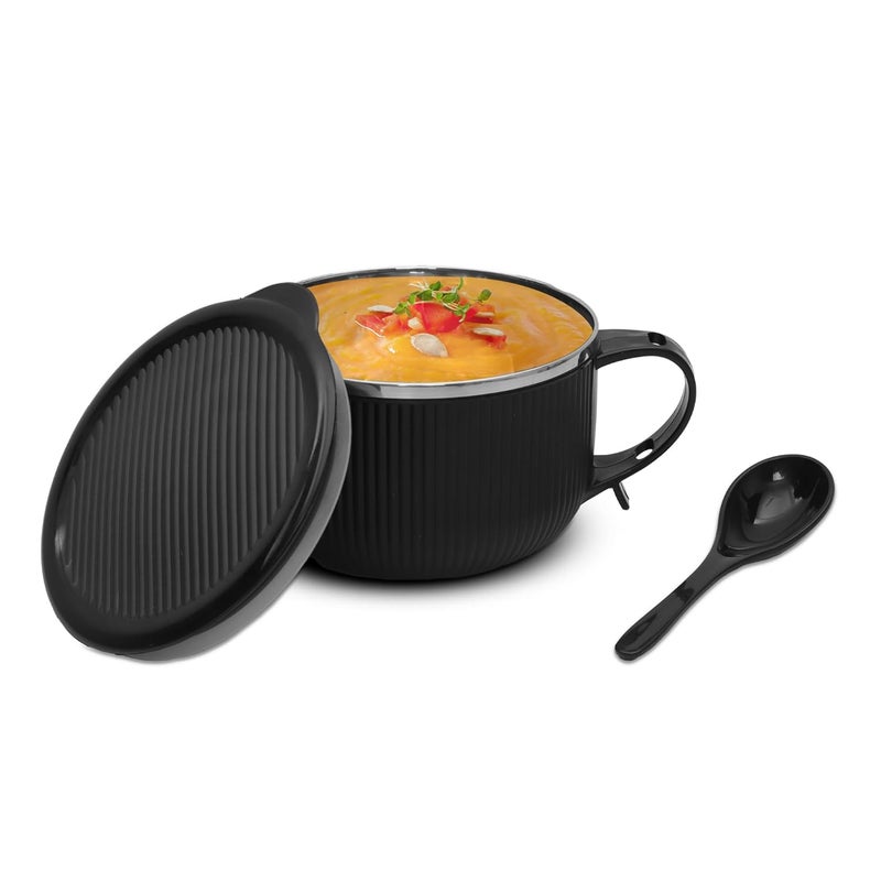 JAYPEE PLUS Stainless Steel Ribtok Meal Bowl Soup Bowl with Lid & Spoon for Every Day Breakfast Meal, Poha, Cornflaks, Cereal, Suitable for Birthday Gift Girls & Boys, 900ml,Black - Image 3