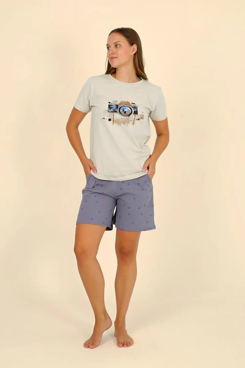 اكبينيز Women's Short Sleeve Combed Cotton Pajama Set Cream 3622