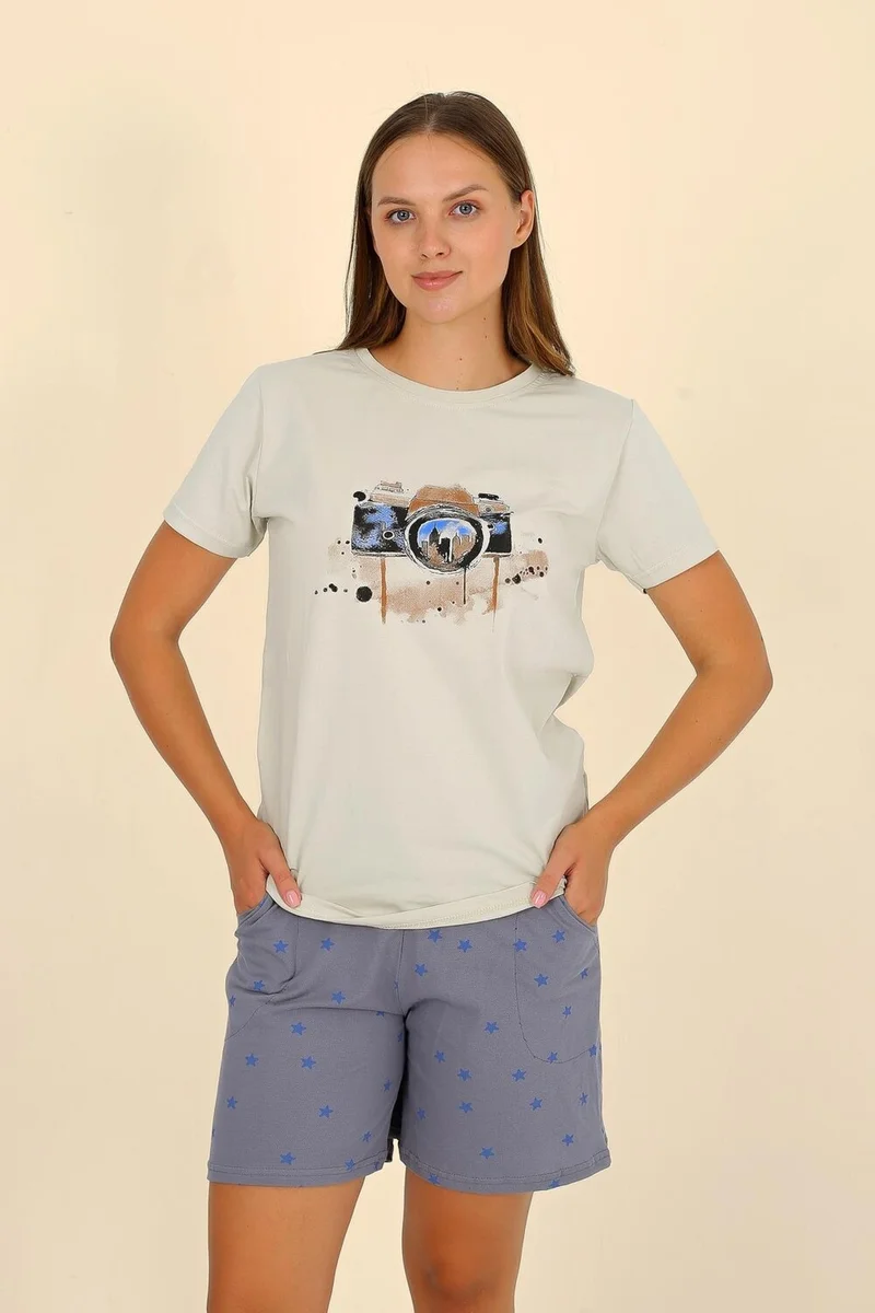 اكبينيز Women's Short Sleeve Combed Cotton Pajama Set Cream 3622