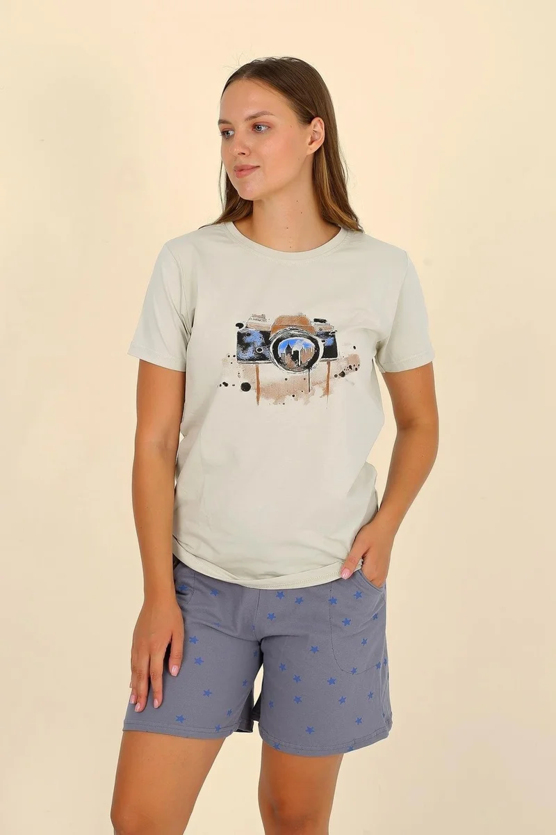 اكبينيز Women's Short Sleeve Combed Cotton Pajama Set Cream 3622