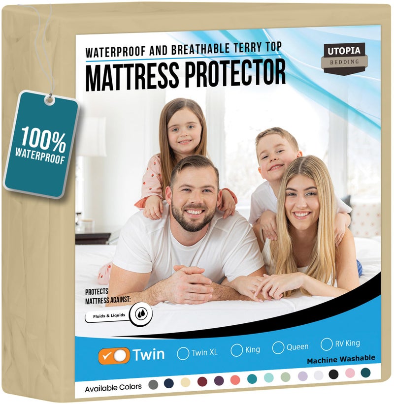Utopia Bedding Waterproof Mattress Protector Twin Size Premium Terry Mattress Cover 200 GSM Breathable Fitted Style with Stretchable Pockets Beige