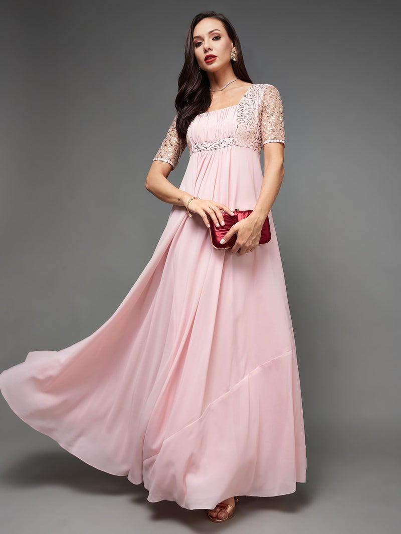 Miss Chase Women's Square Neck Half Sleeve Solid Embellished Maxi Dress (MCSS23D98-59-234-06, Dusty Pink, XL) - Image 2
