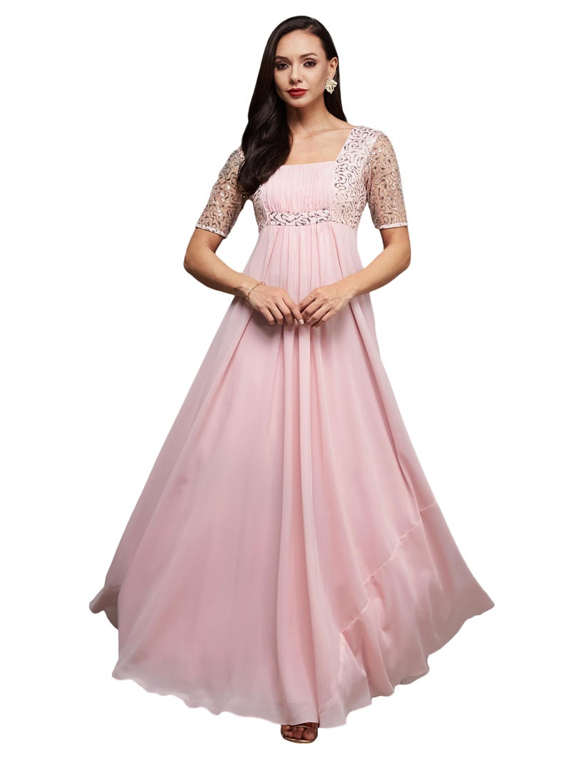 Miss Chase Women's Square Neck Half Sleeve Solid Embellished Maxi Dress (MCSS23D98-59-234-06, Dusty Pink, XL) - Image 1