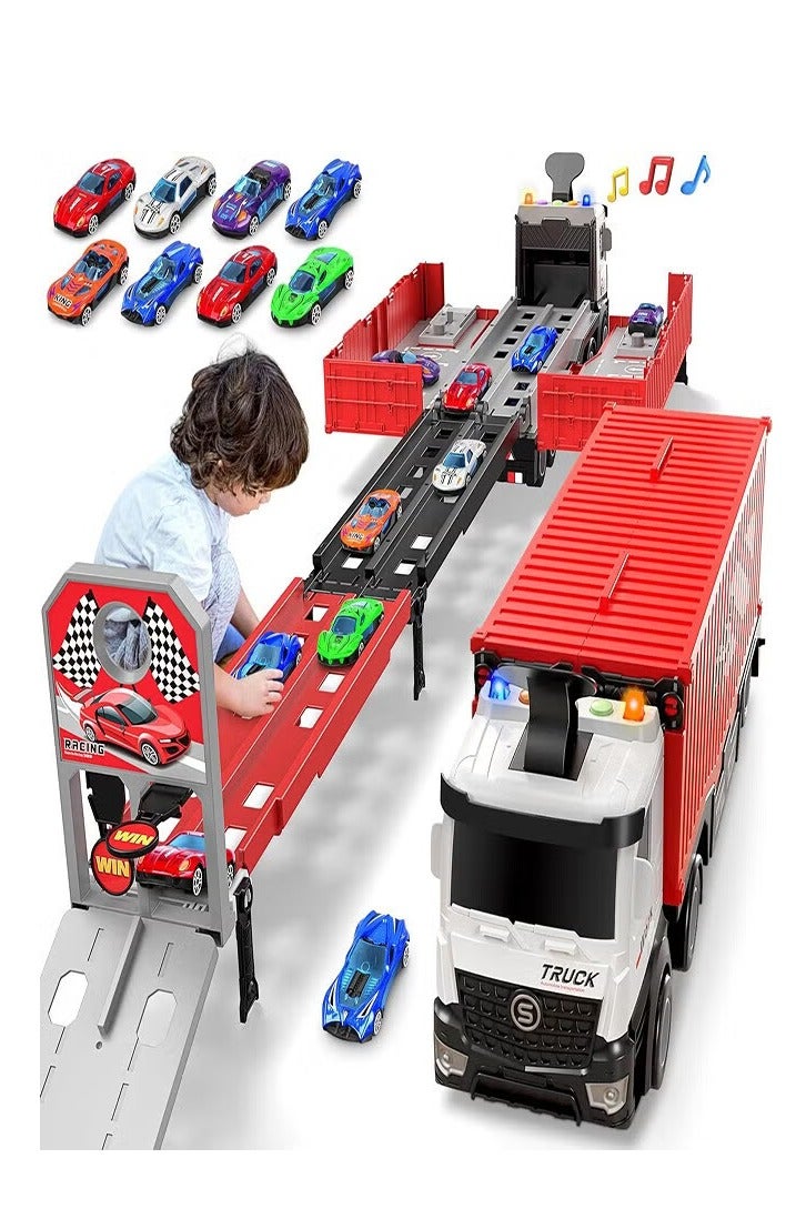 DPTER Race Car Track Toy Truck Toy with Slots & Foldable Race Tracks Transport Car Carrier Toy for Toddlers Cars Toy Set Container Truck Toy with 8 Alloy Cars Vehicles Toy Set for 3+ Kids Boys Girls - Image 1