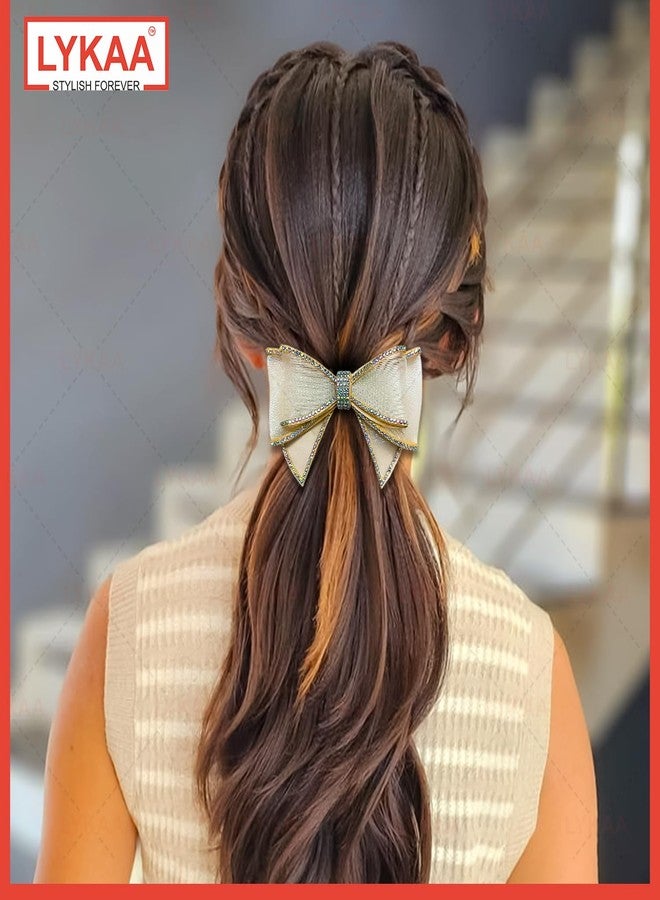 Lykaa 1 Pc Rhinestone Bow Hair Clip for Women & Girls | Elegant Net Fabric Bow Barrette | Stylish Latest Crystal Hair Barrettes Hair Accessories (GOLDEN) - Image 5