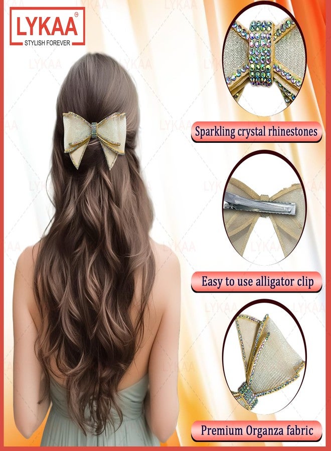 Lykaa 1 Pc Rhinestone Bow Hair Clip for Women & Girls | Elegant Net Fabric Bow Barrette | Stylish Latest Crystal Hair Barrettes Hair Accessories (GOLDEN) - Image 3