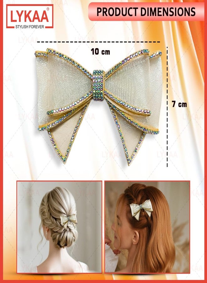 Lykaa 1 Pc Rhinestone Bow Hair Clip for Women & Girls | Elegant Net Fabric Bow Barrette | Stylish Latest Crystal Hair Barrettes Hair Accessories (GOLDEN) - Image 2