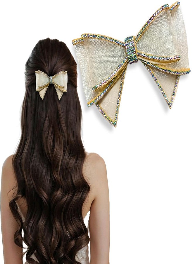 Lykaa 1 Pc Rhinestone Bow Hair Clip for Women & Girls | Elegant Net Fabric Bow Barrette | Stylish Latest Crystal Hair Barrettes Hair Accessories (GOLDEN) - Image 1