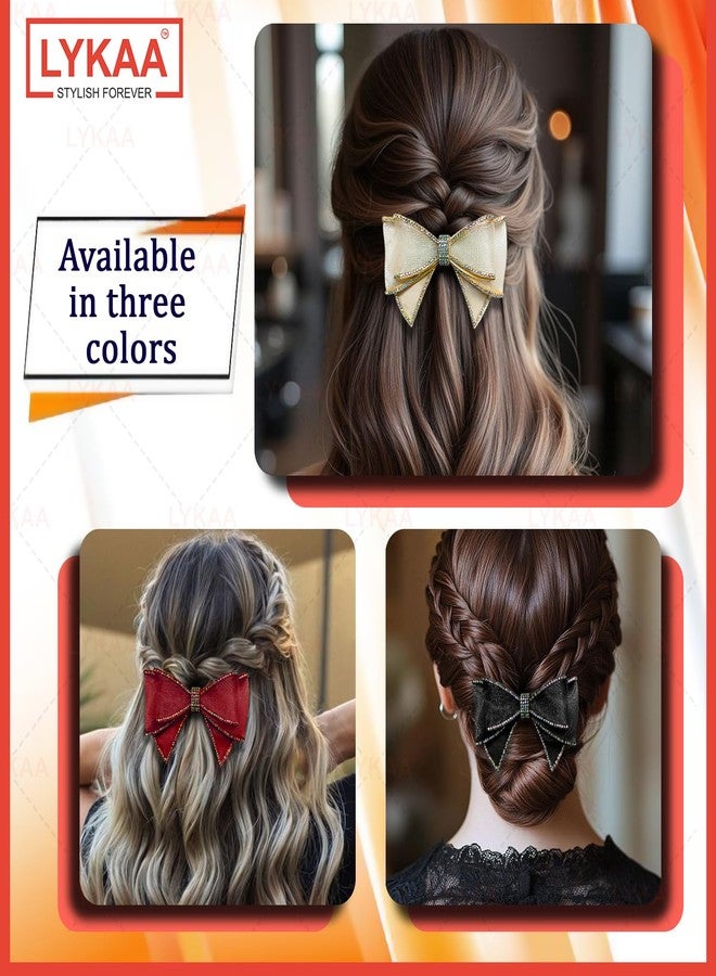 Lykaa 1 Pc Rhinestone Bow Hair Clip for Women & Girls | Elegant Net Fabric Bow Barrette | Stylish Latest Crystal Hair Barrettes Hair Accessories (GOLDEN) - Image 4