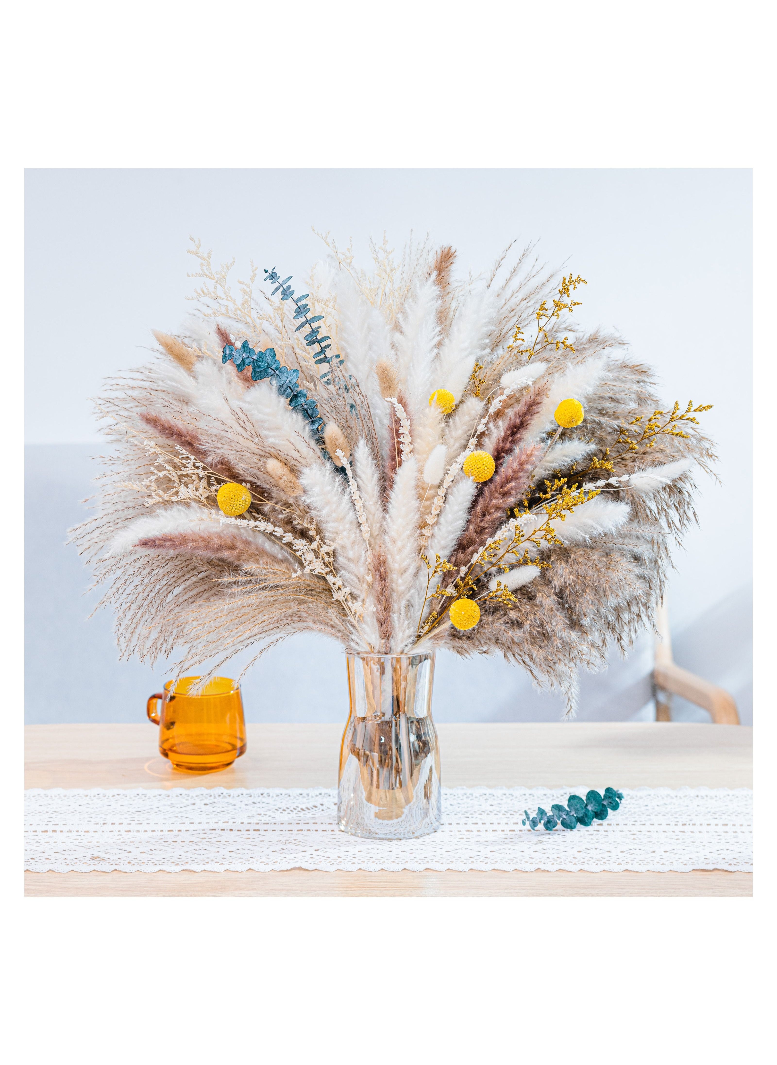 MERICKA 116Pcs Natural Pampas Grass | Boho Home Decor Dried Flowers Bouquet | Bunny Tail Eucalyptus | Home Wedding Decoration 