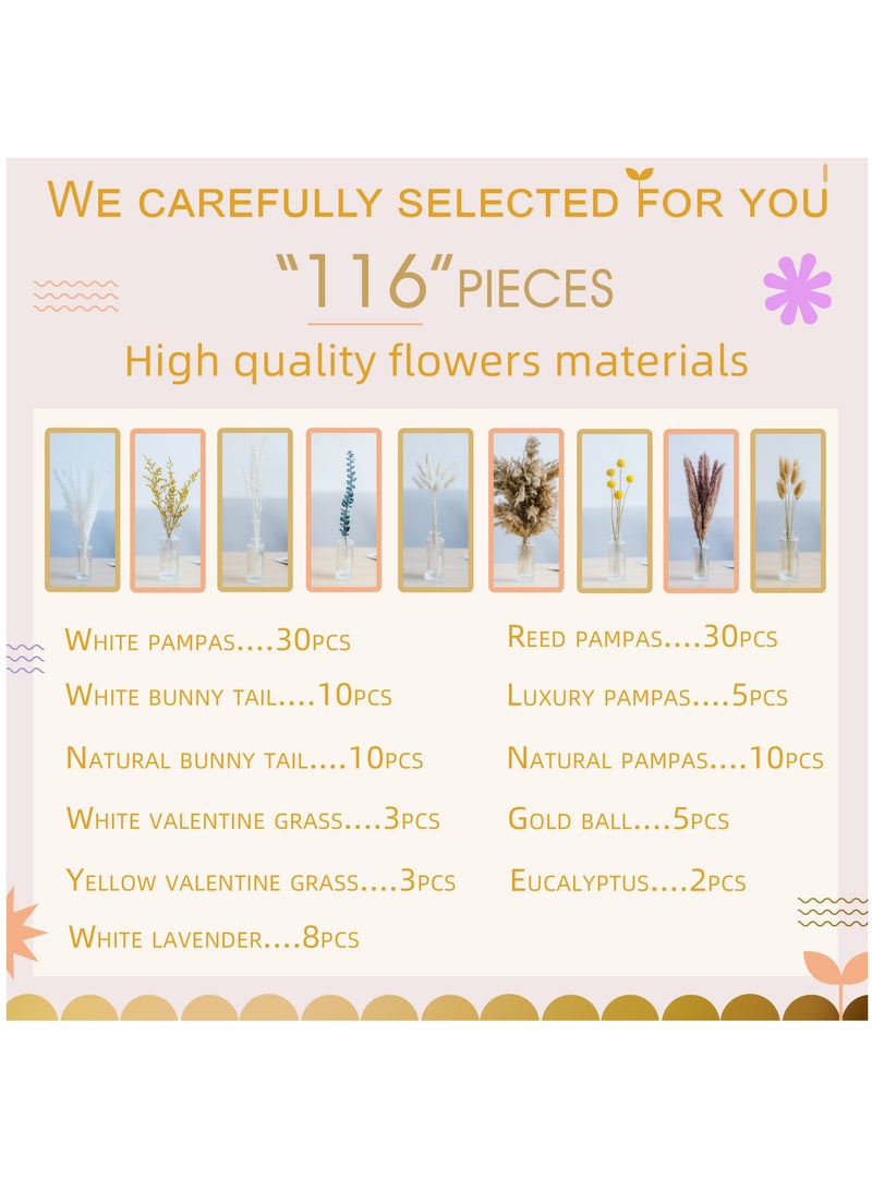 MERICKA 116Pcs Natural Pampas Grass | Boho Home Decor Dried Flowers Bouquet | Bunny Tail Eucalyptus | Home Wedding Decoration - Image 4