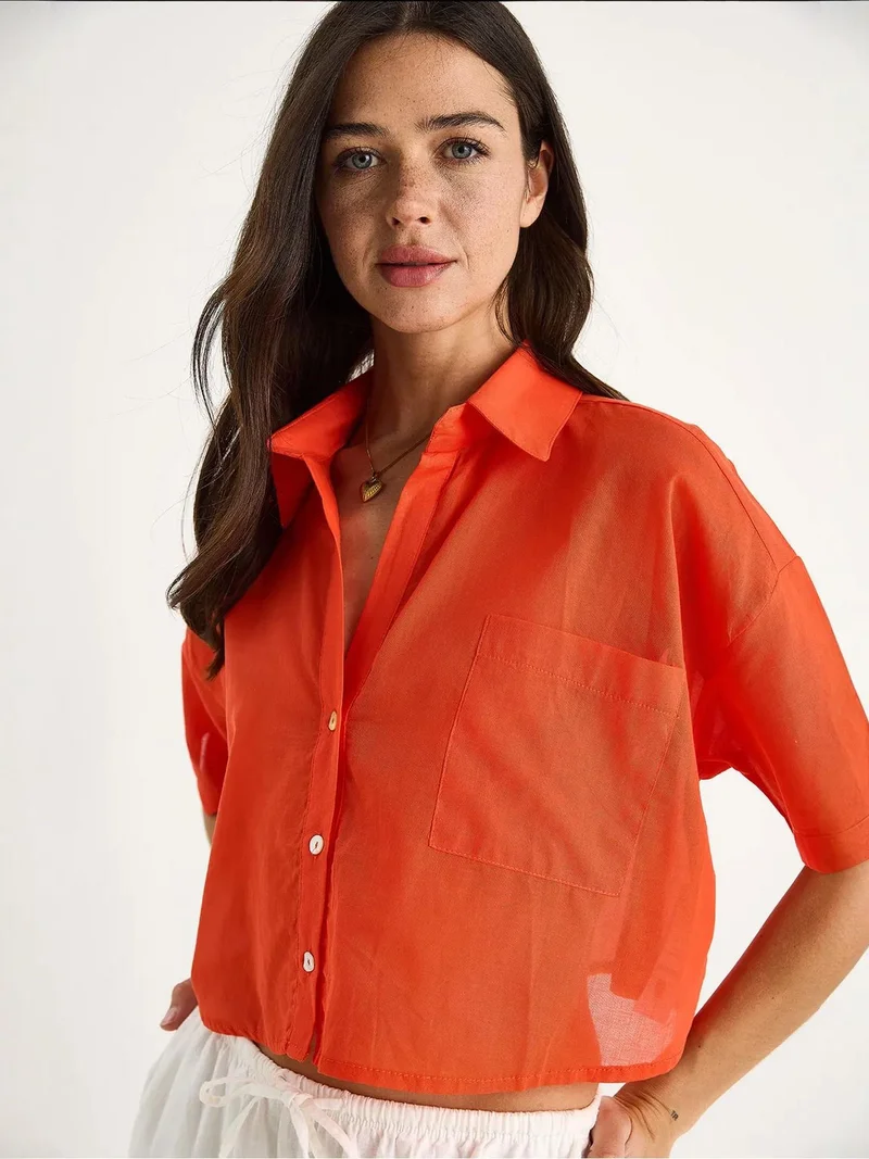 LUCCI Buttoned Pocket Crop Shirt with Shirt Collar