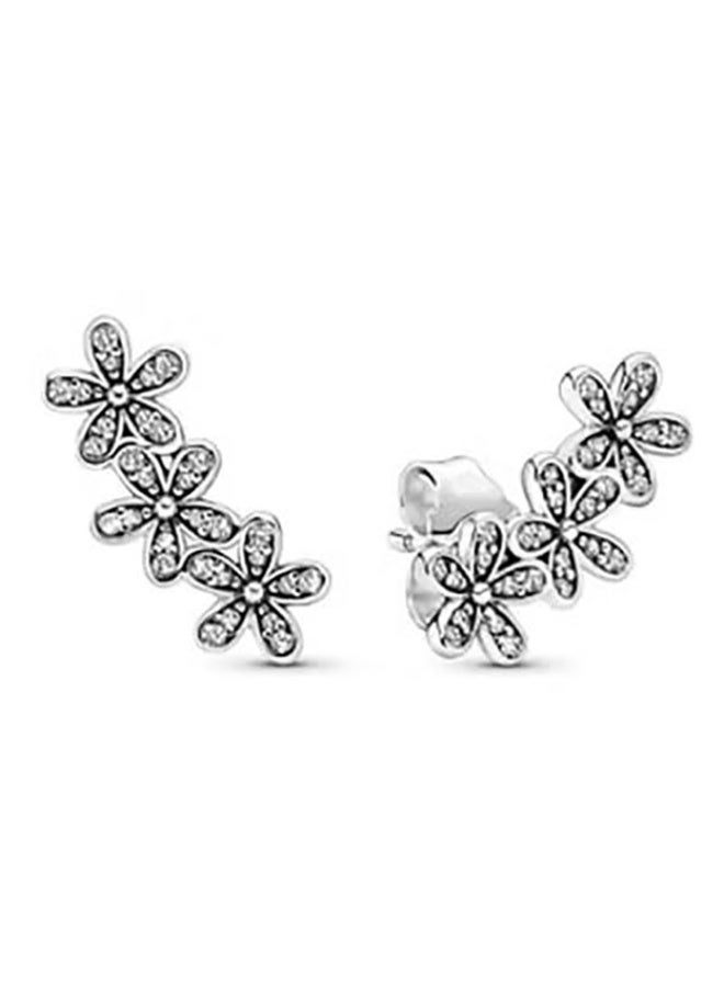 Silver Diamond-Embedded Three-Flower Stud Earrings