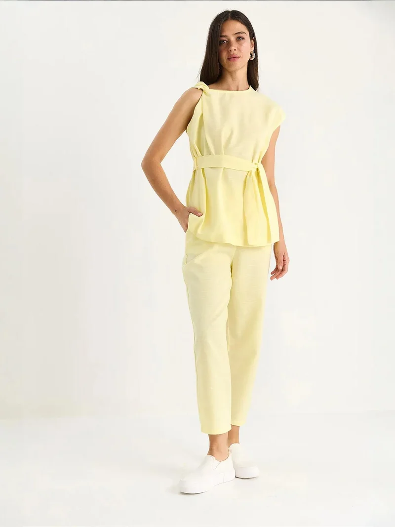 Bianco Lucci Lemon Yellow LUCCI Blouse-Pants Two Pieces Set for Women | Best Price UAE