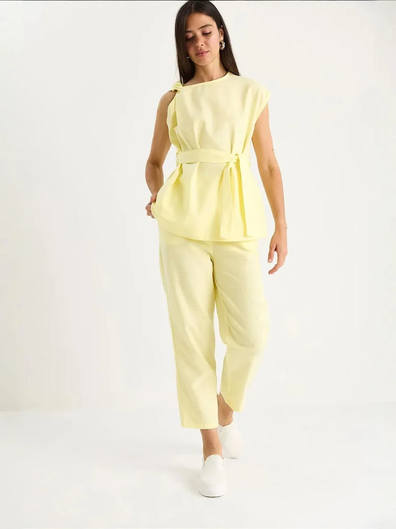 Bianco Lucci Lemon Yellow LUCCI Blouse-Pants Two Pieces Set for Women | Best Price UAE