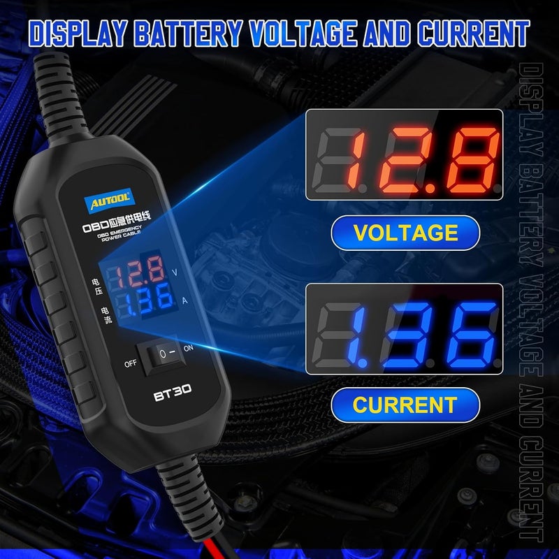 AUTOOL OBD II Car Memory Saver Cable with Digital Display and Alligator Clips - Image 2
