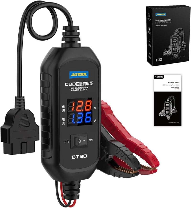 AUTOOL OBD II Car Memory Saver Cable with Digital Display and Alligator Clips - Image 1