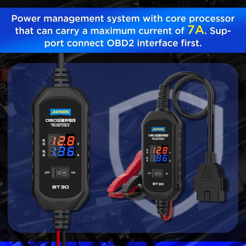 AUTOOL OBD II Car Memory Saver Cable with Digital Display and Alligator Clips - Image 5