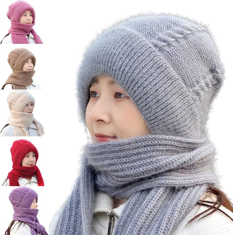 klarako Integrated Ear Protection Windproof Cap Scarf, Knitting Thickening Hat Scarf, Winter Warm Anticold Knitted One-Piece Scarf Cap (Grey) - Image 1