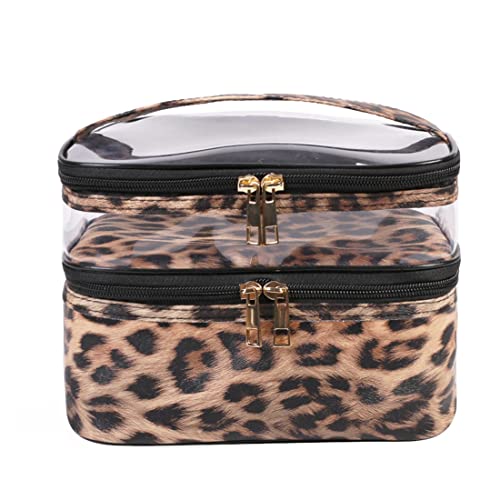 FITINI Makeup Bags Leopard Double Layer Travel Storage Cosmetic Cases Make up Organizer Toiletry Bags Water-resistant for Women Makeup Brush Bag - Image 1